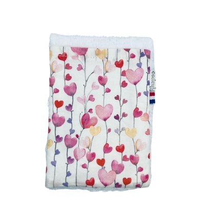 Rhapso Couture, gant de toilette, débarbouillette, coton Oeko-Tex, éponge de bambou bio, motif coeurs aquarelle