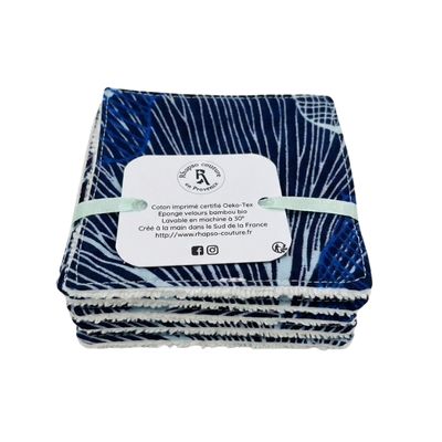 Rhapso couture lingettes lavables démaquillantes coton imprimé oekotex standard 100 éponge de bambou velours bio imprimé bleu lot de 5