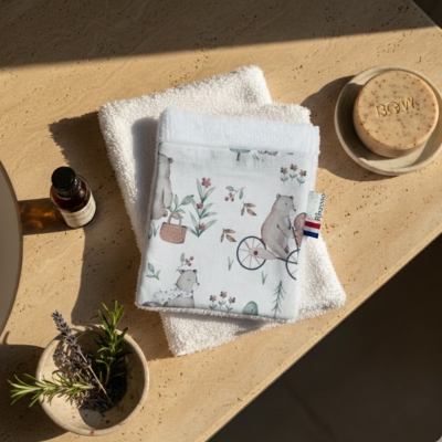 Rhapso Couture, gant de toilette, débarbouillette, coton Oeko-Tex, éponge de bambou bio, motif ourson