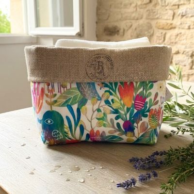 Rhapso Couture, panière pochon de rangement organisation des lingettes gants débarbouillettes lavables réutilisables imprimé oiseaux