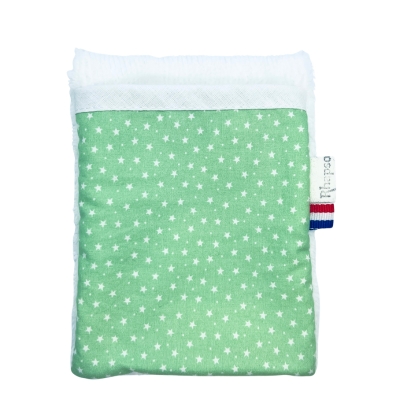 Rhapso Couture, gant de toilette, débarbouillette, coton Oeko-Tex, éponge de bambou bio, motif étoiles blanches sur fond vert