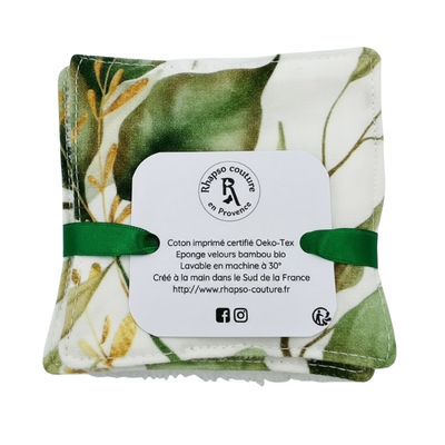 Rhapso couture lingettes lavables démaquillantes coton imprimé oekotex standard 100 éponge de bambou velours bio imprimé feuilles vertes lot de 5