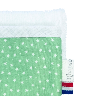 Rhapso Couture, gant de toilette, débarbouillette, coton Oeko-Tex, éponge de bambou bio, motif étoiles blanches sur fond vert
