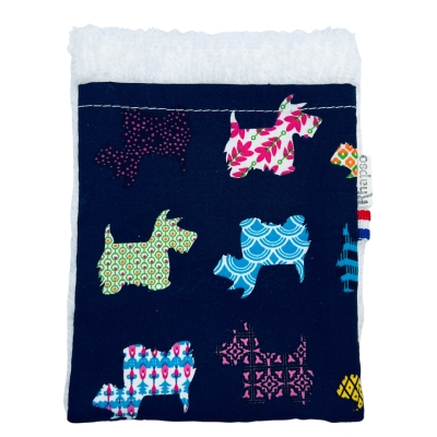 Rhapso Couture, gant de toilette, débarbouillette, coton Oeko-Tex, éponge de bambou bio, motif chiens teckel