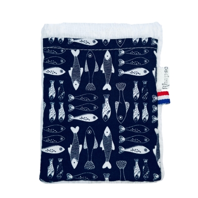 Rhapso Couture, gant de toilette, débarbouillette, coton Oeko-Tex, éponge de bambou bio, motif petits poissons sardines fond bleu marine