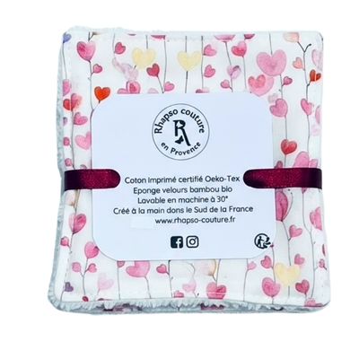Rhapso couture lingettes lavables démaquillantes coton imprimé oekotex standard 100 éponge de bambou velours bio imprimé coeurs aquarelle lot de 5