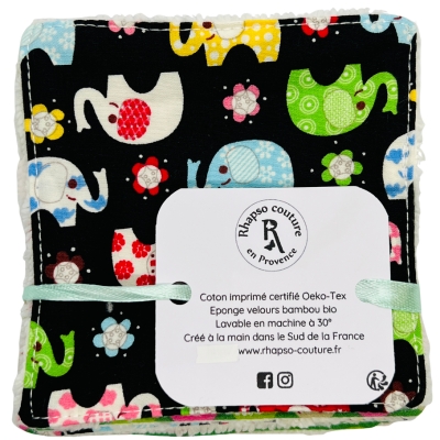 Rhapso couture lingettes lavables démaquillantes coton imprimé oekotex standard 100 éponge de bambou velours bio motif éléphants animaux