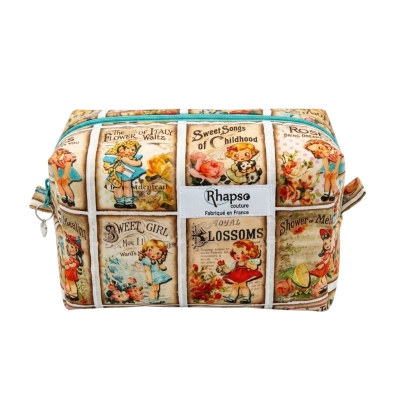 Rhapso Couture trousse de toilette make up, pour ranger les lingettes lavables gants débarbouillettes, petits produits de beauté en voyage ou dans son sac du bureau, motif petites filles vintage