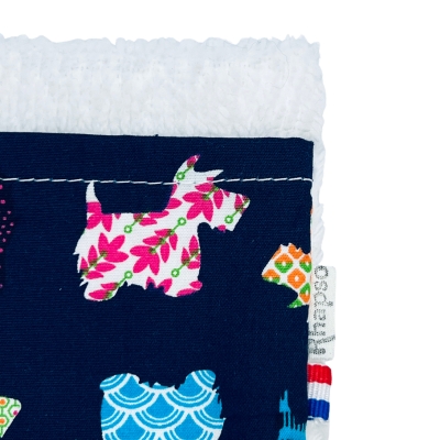 Rhapso Couture, gant de toilette, débarbouillette, coton Oeko-Tex, éponge de bambou bio, motif chiens teckel