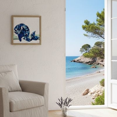 cadre textile décoratif, unique et original, fait main et artisanal, motif baleine