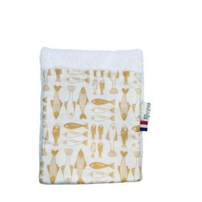 Rhapso Couture, gant de toilette, débarbouillette, coton Oeko-Tex, éponge de bambou bio, motif petits poissons sardines jaunes fond blanc