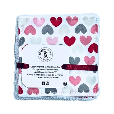 Rhapso Couture lingettes lavables démaquillantes coton imprimé oekotex standard 100 éponge de bambou velours bio imprimé coeurs rose gris lot de 5