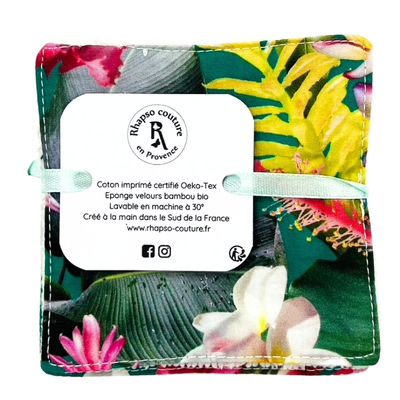 Rhapso couture lingettes lavables démaquillantes coton imprimé oekotex standard 100 éponge de bambou velours bio imprimé fleurs tropicales lot de 5