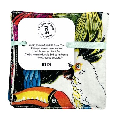 Rhapso couture lingettes lavables démaquillantes coton imprimé oekotex standard 100 éponge de bambou velours bio imprimé oiseaux lot de 5