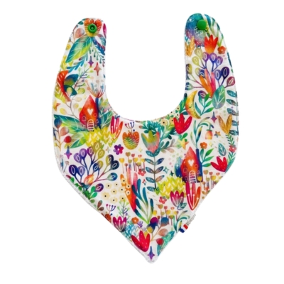 Rhapso Couture : univers des bébé, bavoir bandana motif oiseaux multicolores, éponge blanche, coton Oeko-Tex