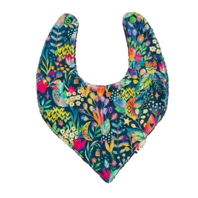 Rhapso Couture : univers des bébé, bavoir bandana motif oiseaux multicolores, éponge noire, coton Oeko-Tex