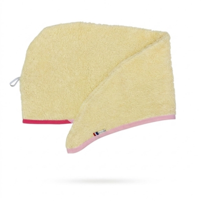 Rhapso Couture : serviette à cheveux forme turban ou goutte d'eau, éponge jaune, biais rose