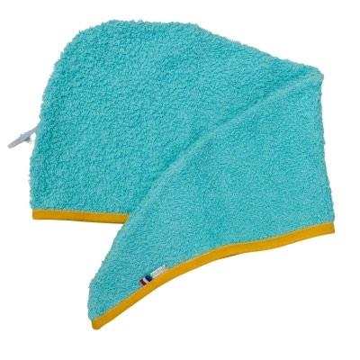 Rhapso Couture : serviette à cheveux forme turban ou goutte d'eau, éponge verte, biais jaune