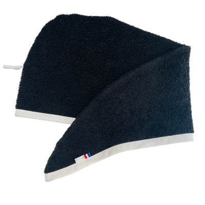 Rhapso Couture : serviette à cheveux forme turban ou goutte d'eau, éponge noire, biais blanc