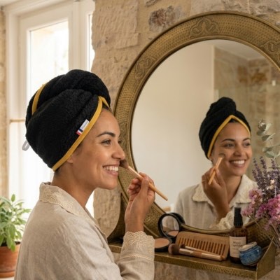 Rhapso Couture : serviette à cheveux forme turban ou goutte d'eau, éponge noire, biais blanc