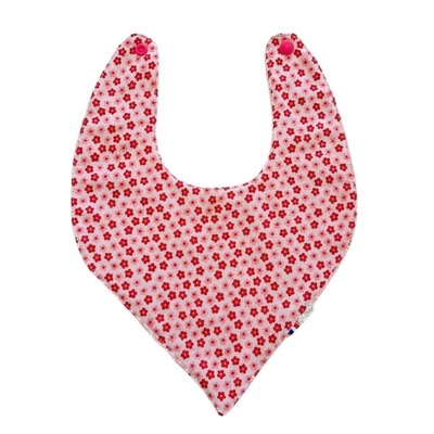 Rhapso Couture : univers des bébé, bavoir bandana motif fleurs roses, éponge rose, coton Oeko-Tex
