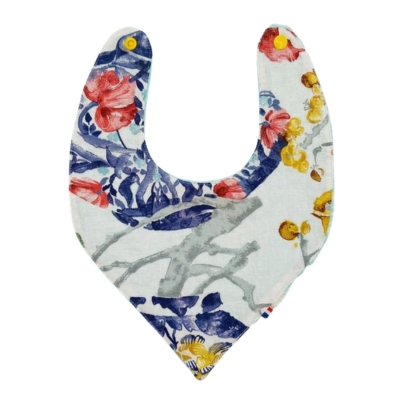 Rhapso Couture : univers des bébé, bavoir bandana motif fleurs jaunes, éponge verte, coton Oeko-Tex