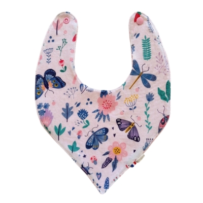 Rhapso Couture : univers des bébé, bavoir bandana motif insectes ou petites bêtes d'été, éponge rose, coton Oeko-Tex