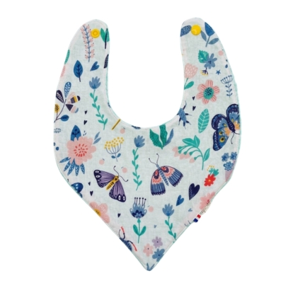 Rhapso Couture : univers des bébé, bavoir bandana motif insectes ou petites bêtes d'été, éponge verte, coton Oeko-Tex