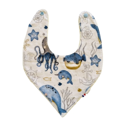 Rhapso Couture : univers des bébé, bavoir bandana motif animaux de la mer, éponge jaune, coton Oeko-Tex