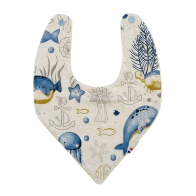 Rhapso Couture : univers des bébé, bavoir bandana motif animaux de la mer, éponge jaune, coton Oeko-Tex