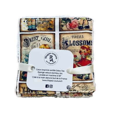 Rhapso couture lingettes lavables démaquillantes coton imprimé oekotex standard 100 éponge de bambou velours bio motif petites filles vintage
