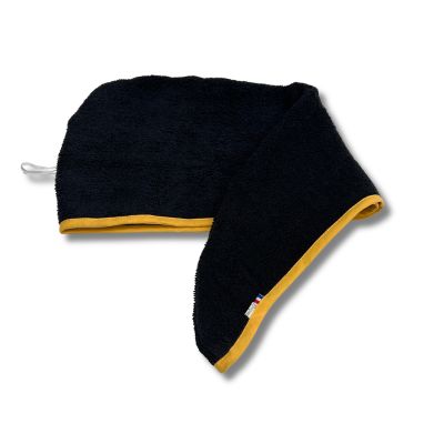 Rhapso Couture : serviette à cheveux forme turban ou goutte d'eau, éponge noire, biais jaune