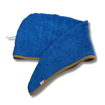 Rhapso Couture : serviette à cheveux forme turban ou goutte d'eau, éponge bleue, biais marron