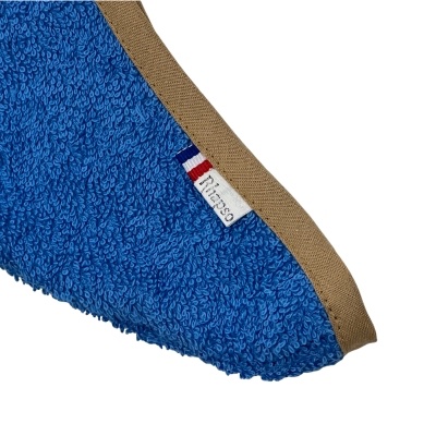Rhapso Couture : serviette à cheveux forme turban ou goutte d'eau, éponge bleu, biais marron
