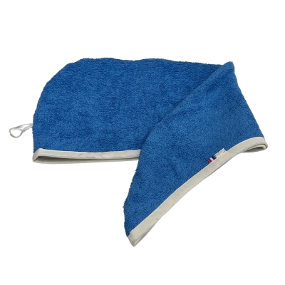 Rhapso Couture : serviette à cheveux forme turban ou goutte d'eau, éponge bleue, biais blanc