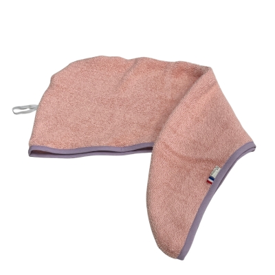 Rhapso Couture : serviette à cheveux forme turban ou goutte d'eau, éponge rose, biais violet