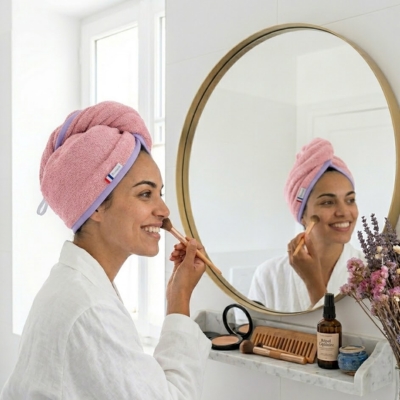 Rhapso Couture : serviette à cheveux forme turban ou goutte d'eau, éponge rose, biais violet