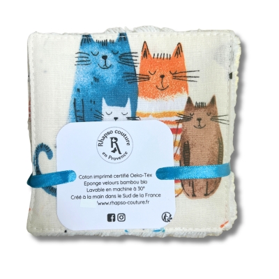 Rhapso couture lingettes lavables démaquillantes coton imprimé oekotex standard 100 éponge de bambou velours bio motif chats tricolores