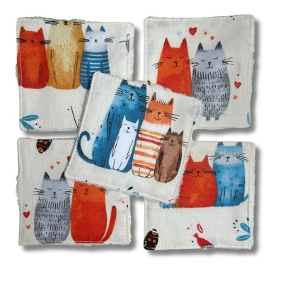 Rhapso couture lingettes lavables démaquillantes coton imprimé oekotex standard 100 éponge de bambou velours bio motif chats tricolores