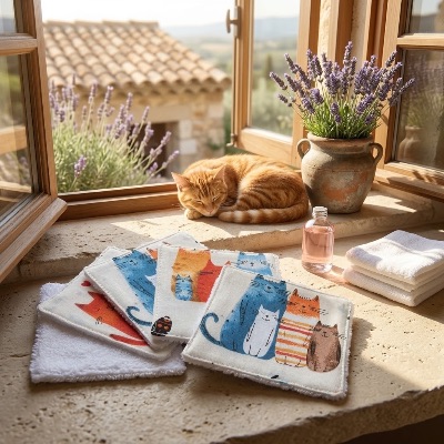 Rhapso couture lingettes lavables démaquillantes coton imprimé oekotex standard 100 éponge de bambou velours bio motif chats tricolores