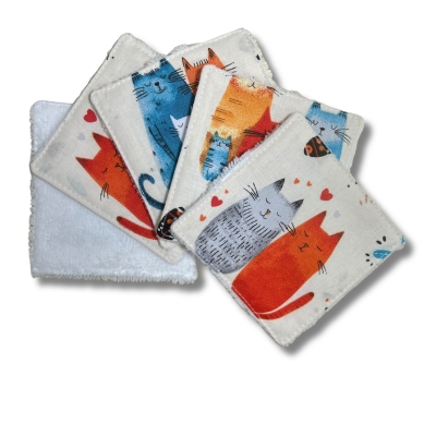 Rhapso couture lingettes lavables démaquillantes coton imprimé oekotex standard 100 éponge de bambou velours bio motif chats tricolores