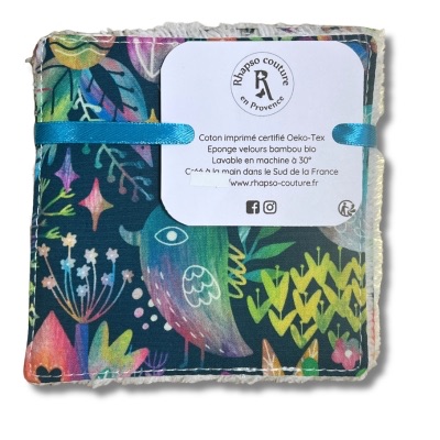 Rhapso couture lingettes lavables démaquillantes coton imprimé oekotex standard 100 éponge de bambou velours bio motif oiseaux multicolores