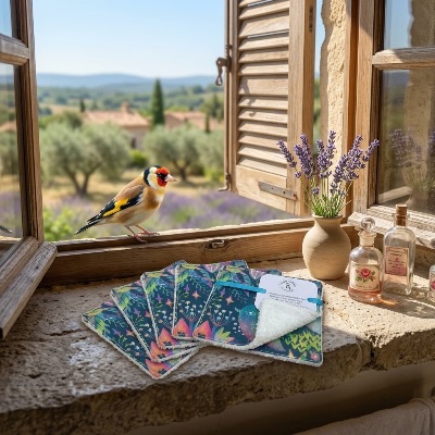 Rhapso couture lingettes lavables démaquillantes coton imprimé oekotex standard 100 éponge de bambou velours bio motif oiseaux multicolores