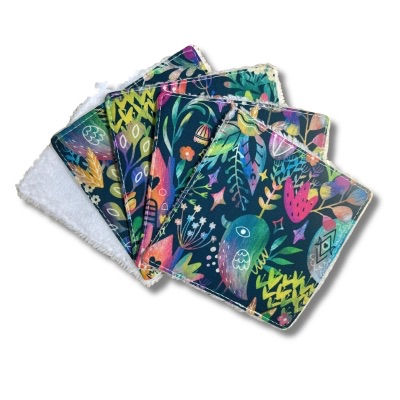 Rhapso couture lingettes lavables démaquillantes coton imprimé oekotex standard 100 éponge de bambou velours bio motif oiseaux multicolores